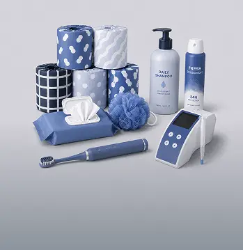 Personal care products in blue tones