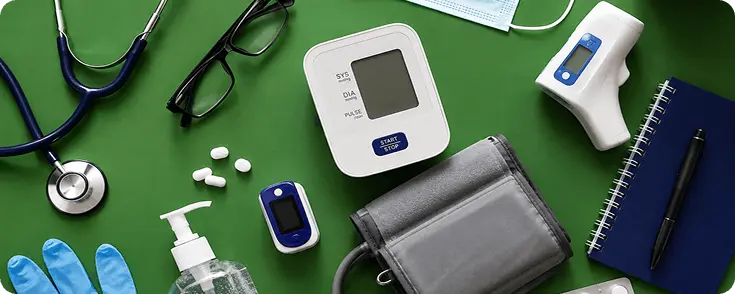 Medical equipment and supplies on table